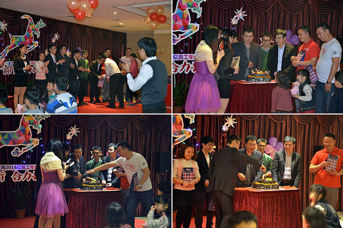 为生日的员工奉上蛋糕，董事长还为寿星们奉上优美礼物